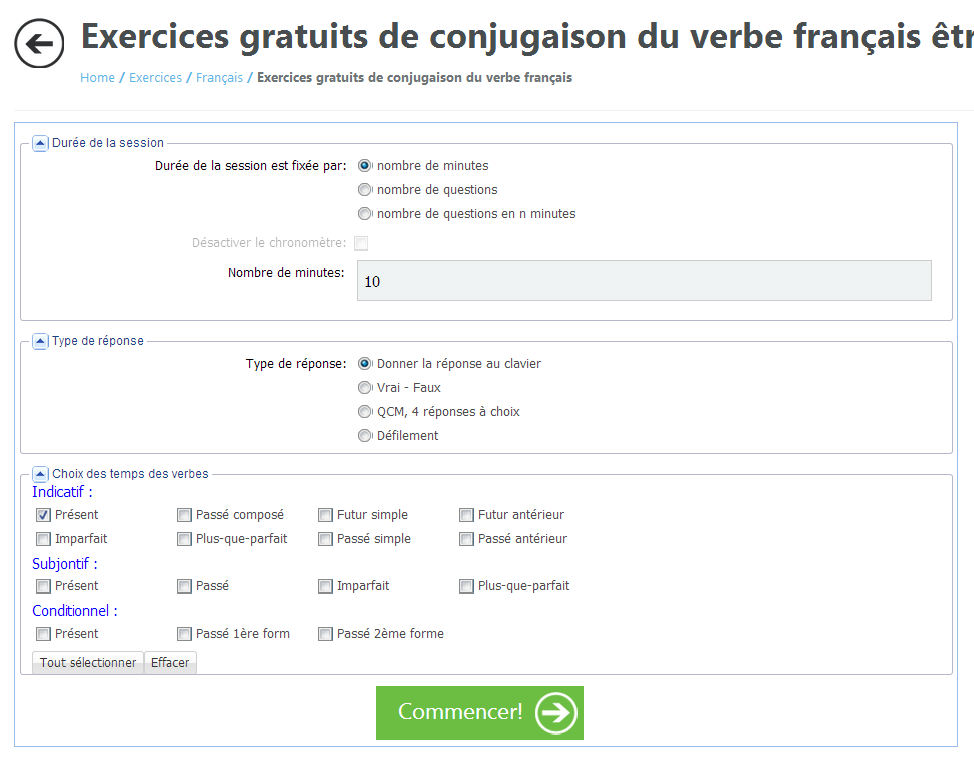 Options pour les exercices de conjugaison de verbes français